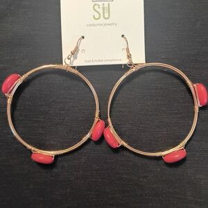 Gold and Red Hoop Earrings